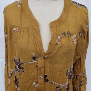 Gold Mustard Floral Embroidered Blouse, Fig and Flower, Plus Size 1X
